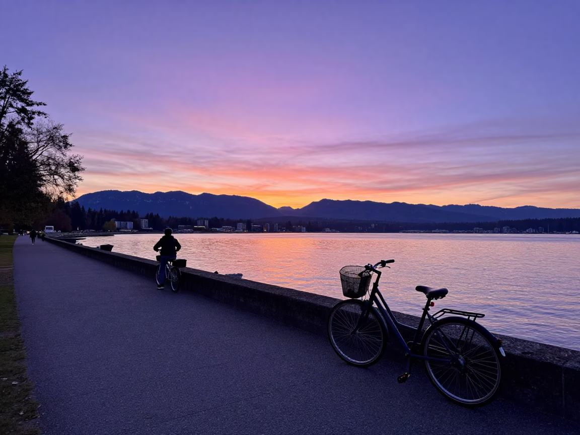 Sunset at Stanley Park Seawall with Bicycle Basket and Zinnias in Vancouver in in Vancouver, British Columbia, Canada