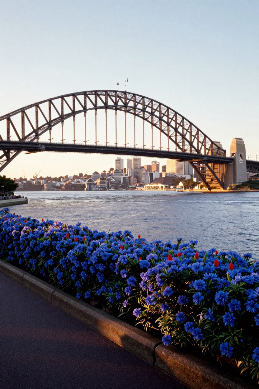 Sunset at Sydney Harbour Bridge with Plumbago Hedge and Cargo Bicycle in in Sydney, New South Wales, Australia