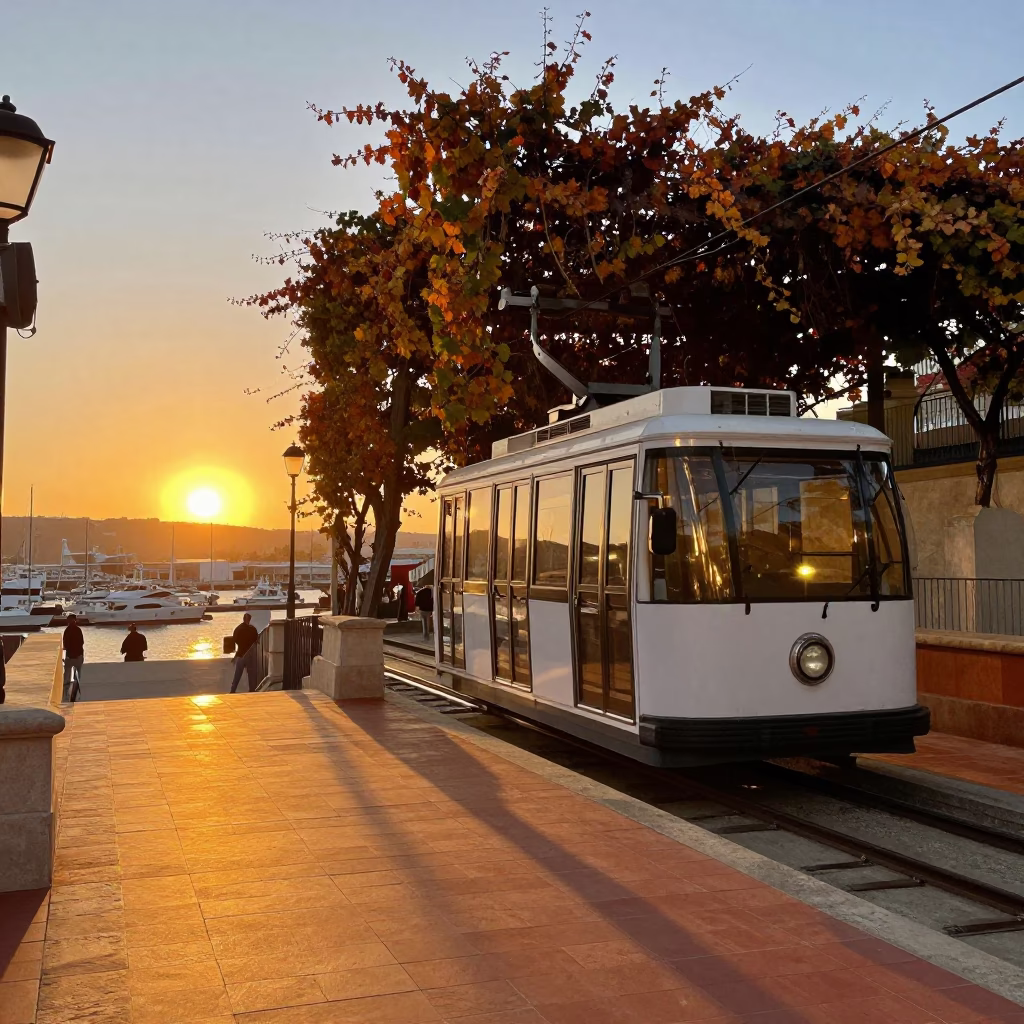 Sunset at Valencia Port Funicular Ascent with Autumn Vine Covered Hillside in in Valencia, Spain