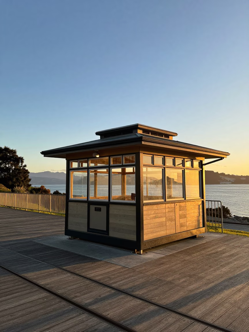 Sunset at Wellington Cable Car Terminus with Vintage Kiosk and City Views in in Wellington, New Zealand
