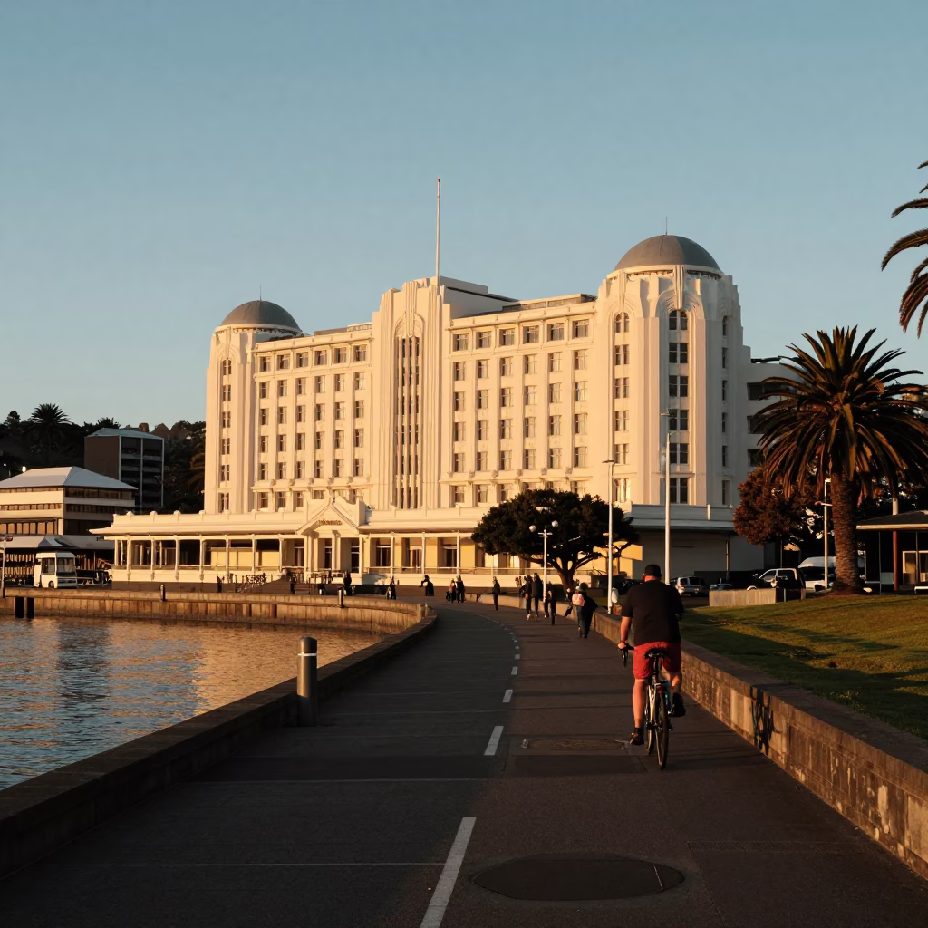Sunset at Wellington Waterfront Promenade with Art Deco Architecture and Cyclists in in Wellington, New Zealand