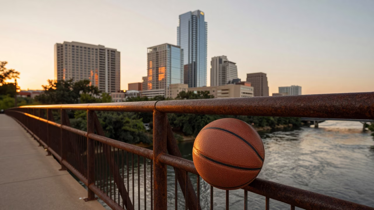 Sunset at Zilker Park Austin Texas with Leather Basketball and City Skyline in in Austin, Texas, United States