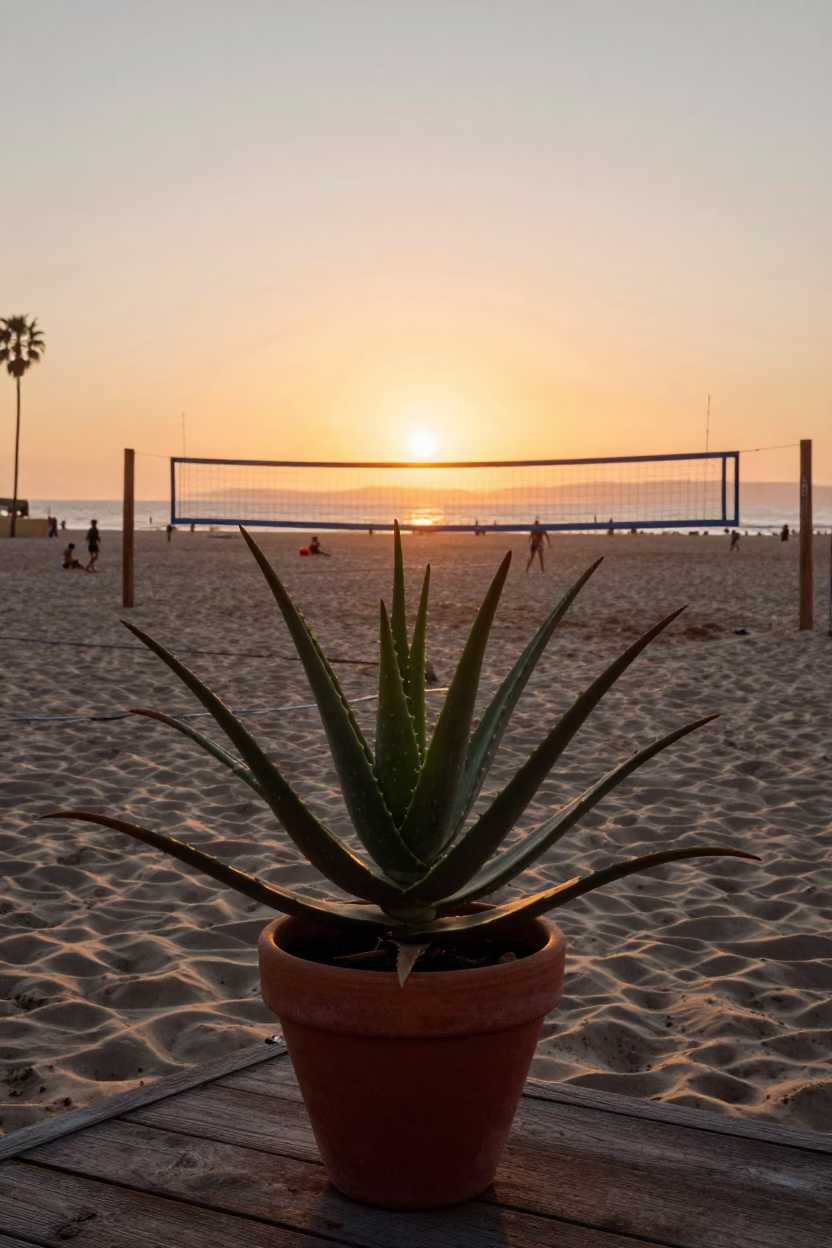 Sunset Beach Volleyball Game with Aloe Plant and Cooler in San Diego California in in San Diego, California, United States