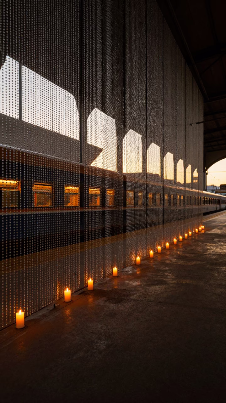 Sunset Bead Curtain Reflections in Santo Domingo Terminal in inside a restored train terminal near Santo Domingo