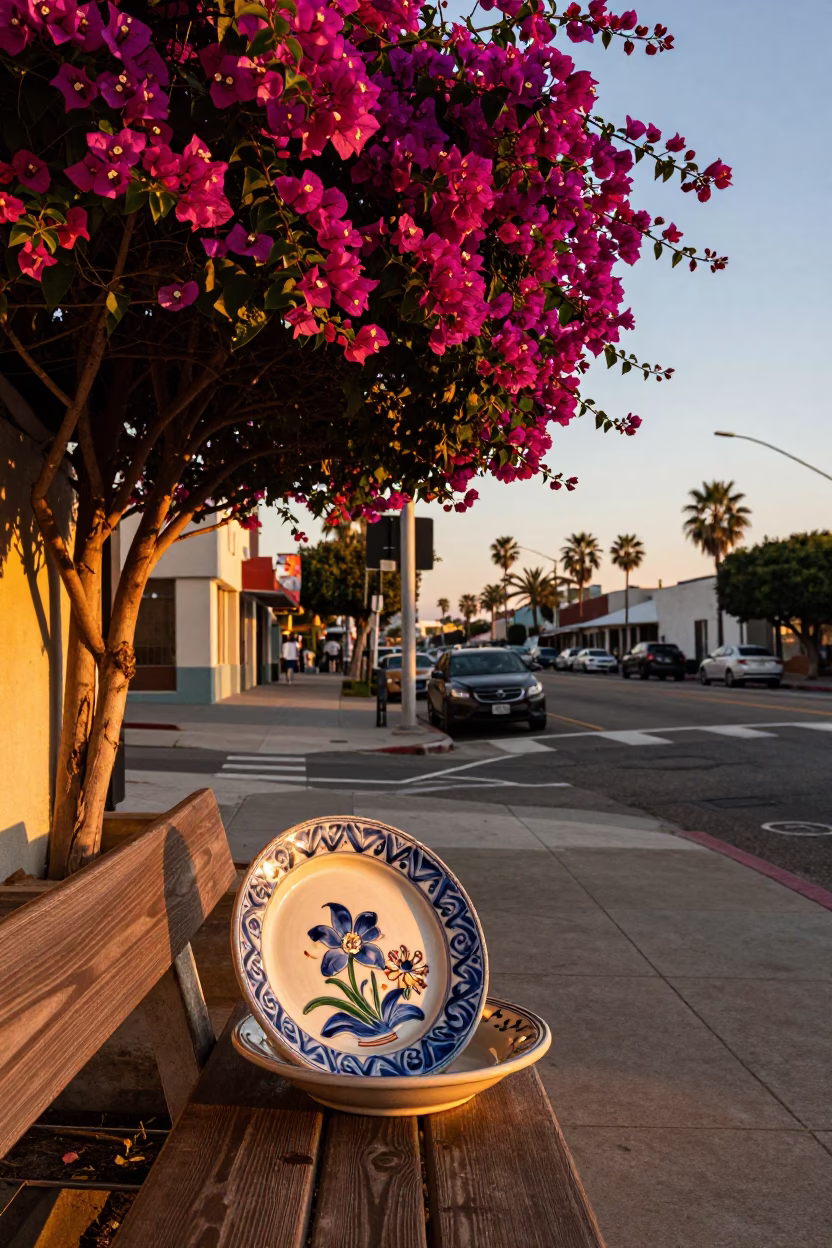 Sunset Bougainvillea and Glazed Ceramic in Los Angeles California Street Scene in in Los Angeles, California, United States
