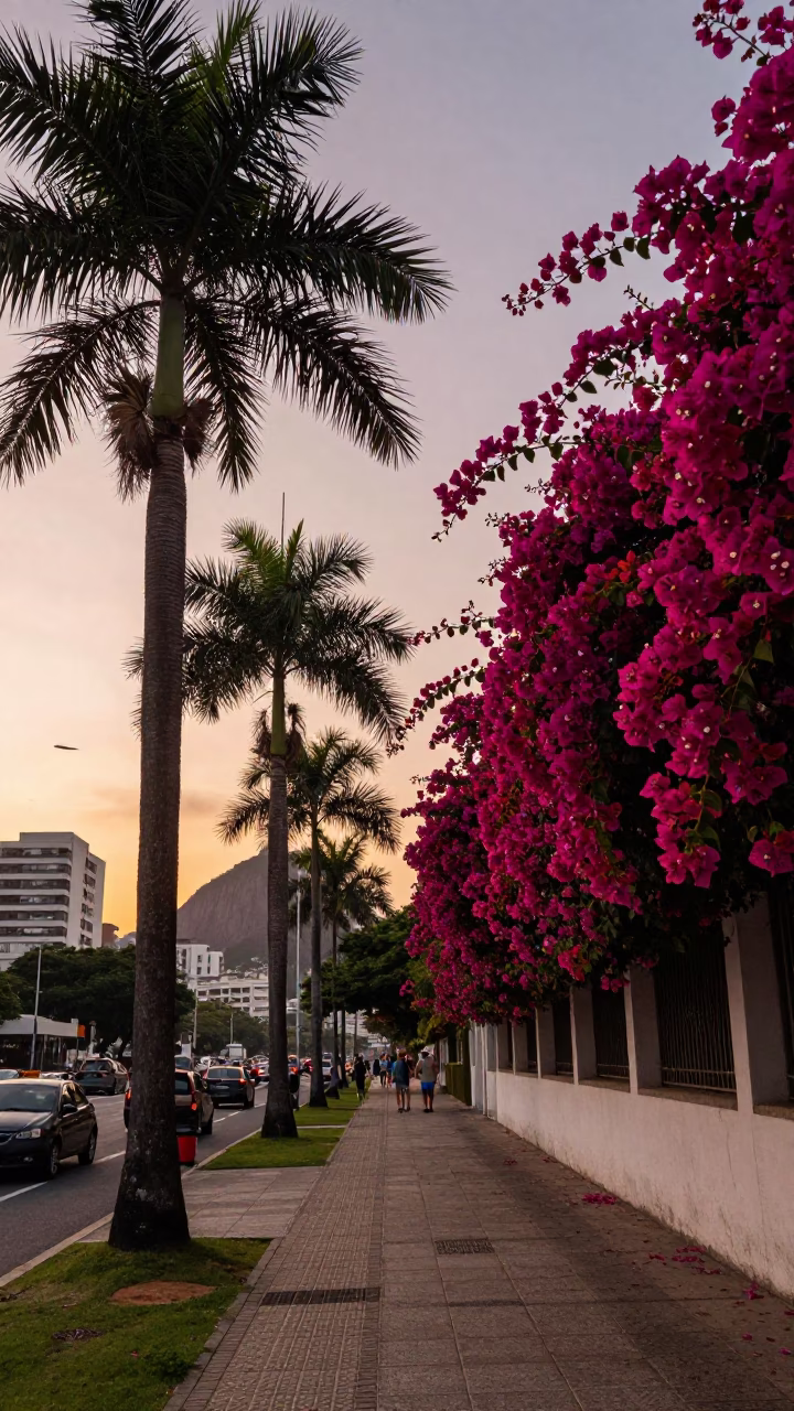 Sunset Bougainvillea and Palm Tree Avenue in Rio de Janeiro Brazil in in Rio de Janeiro, Brazil
