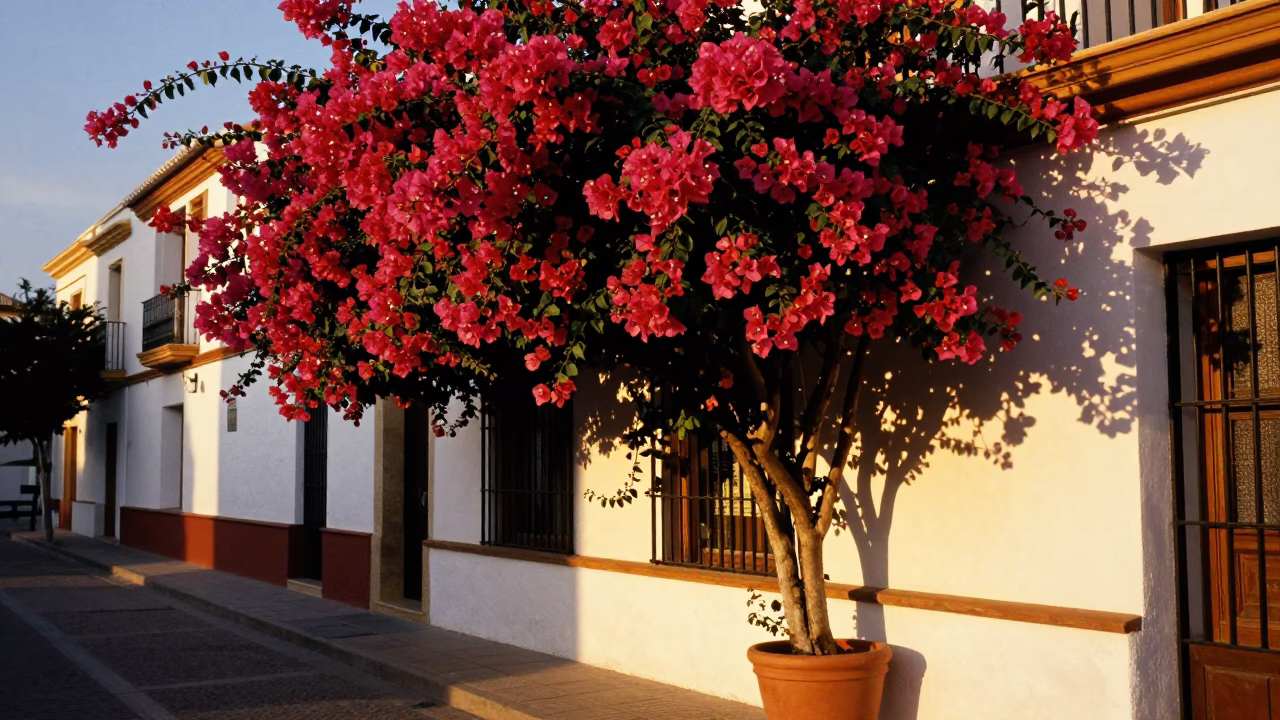 Sunset Bougainvillea and Terracotta Pot in Valencia Spain Street Scene in in Valencia, Spain
