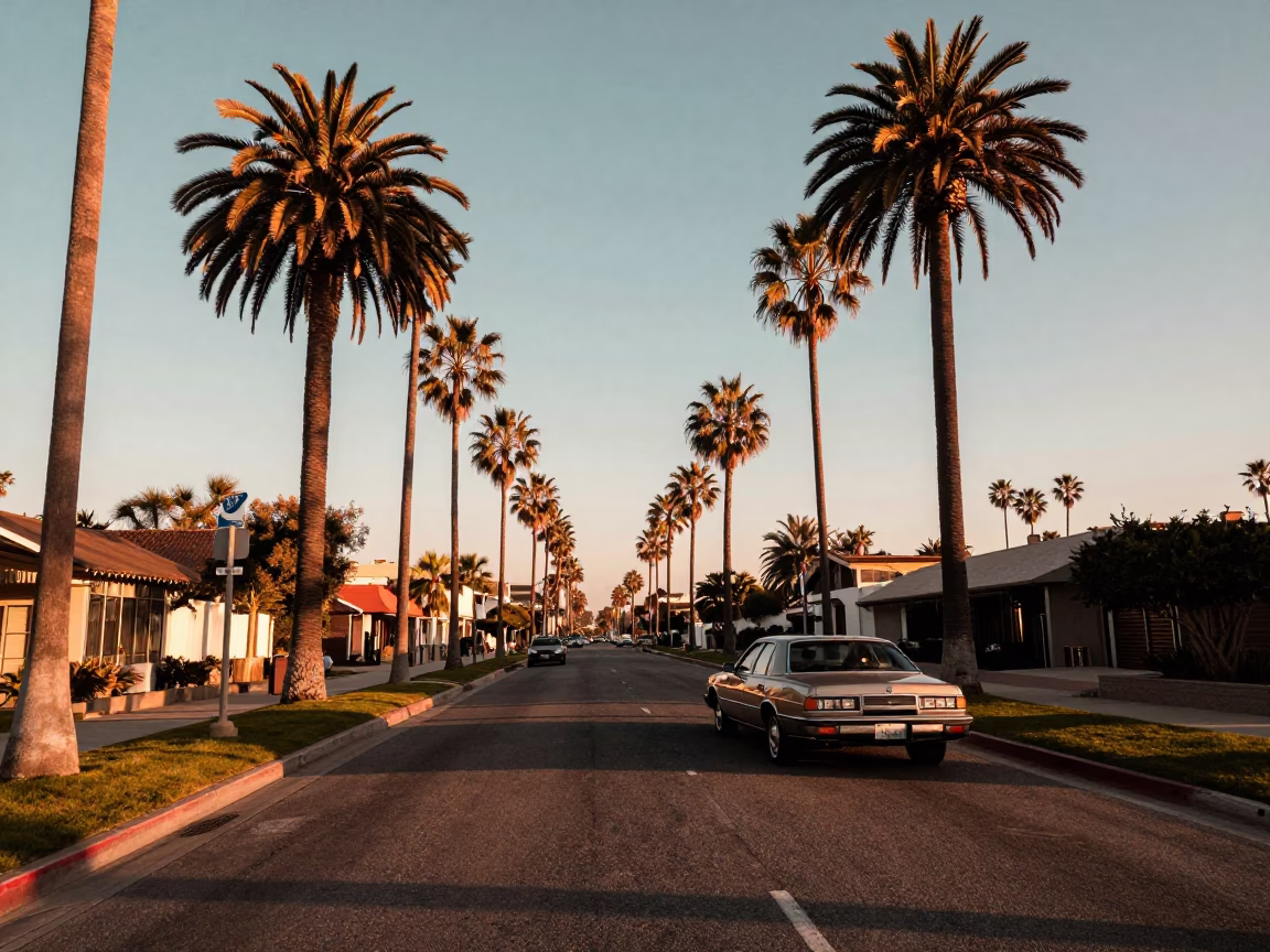 Sunset Boulevard Palm Trees and Vintage Car in San Diego Before Dusk in in San Diego, California, United States