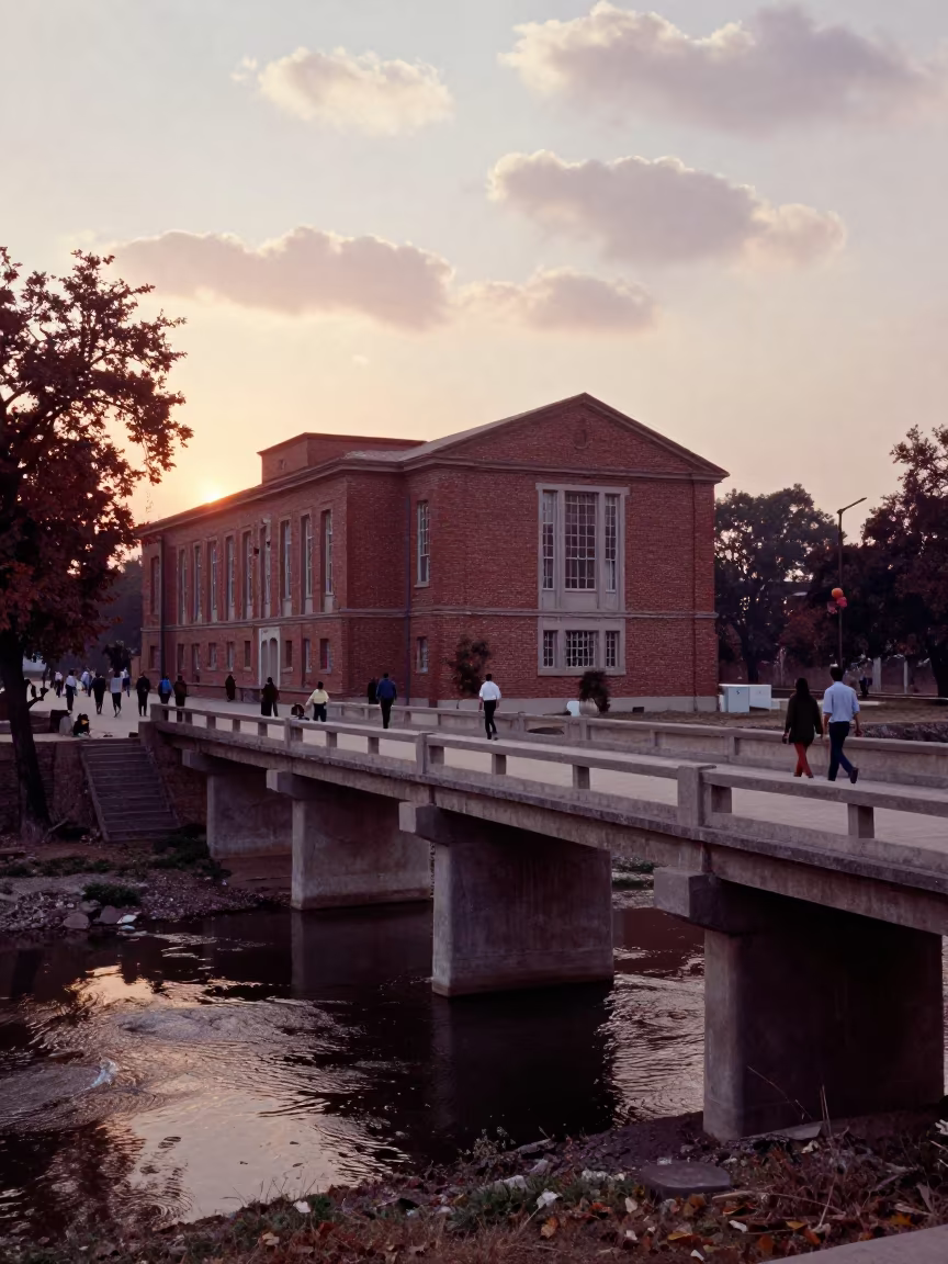 Sunset Bridge Over Campus Stream Jalandhar in outside a brick lecture building near Jalandhar