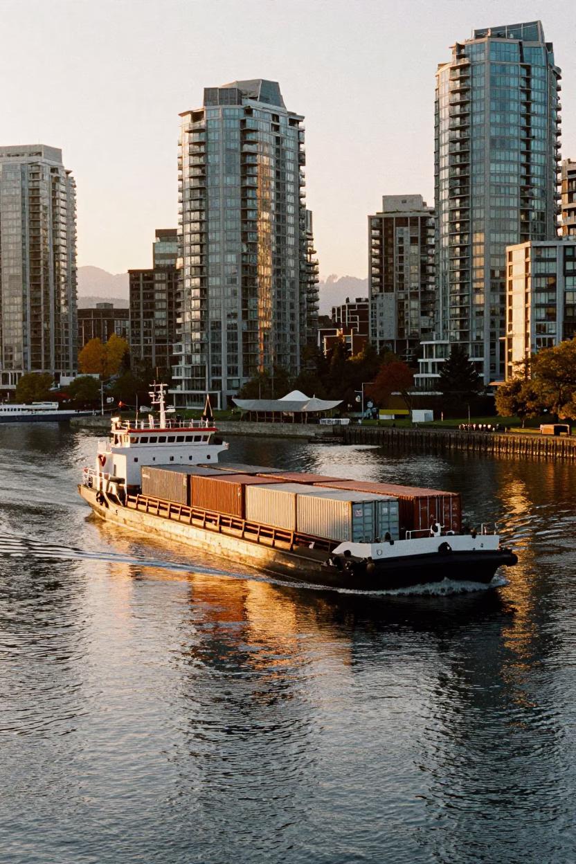 Sunset Canal Barge Loaded with Cargo in Vancouver British Columbia Waterfront in in Vancouver, British Columbia, Canada