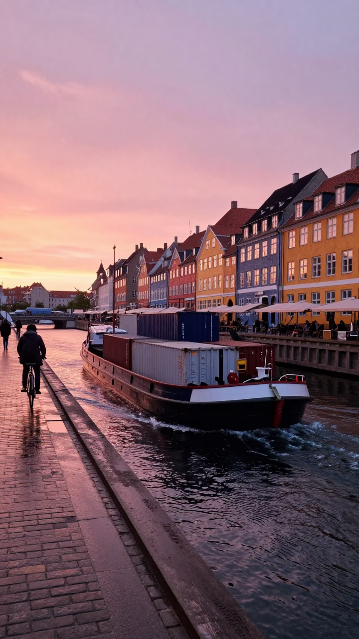 Sunset Canal Barge with Cargo in Copenhagen Denmark in in Copenhagen, Denmark