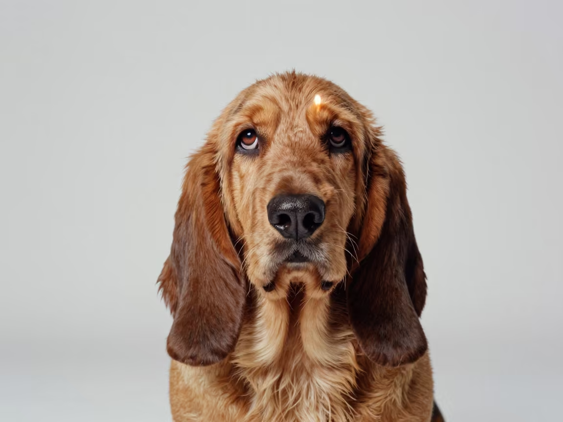 Sunset Candlelit Portrait of Basset Fauve de Bretagne in in a quiet portrait studio with a plain backdrop and eye-level framing near San Diego