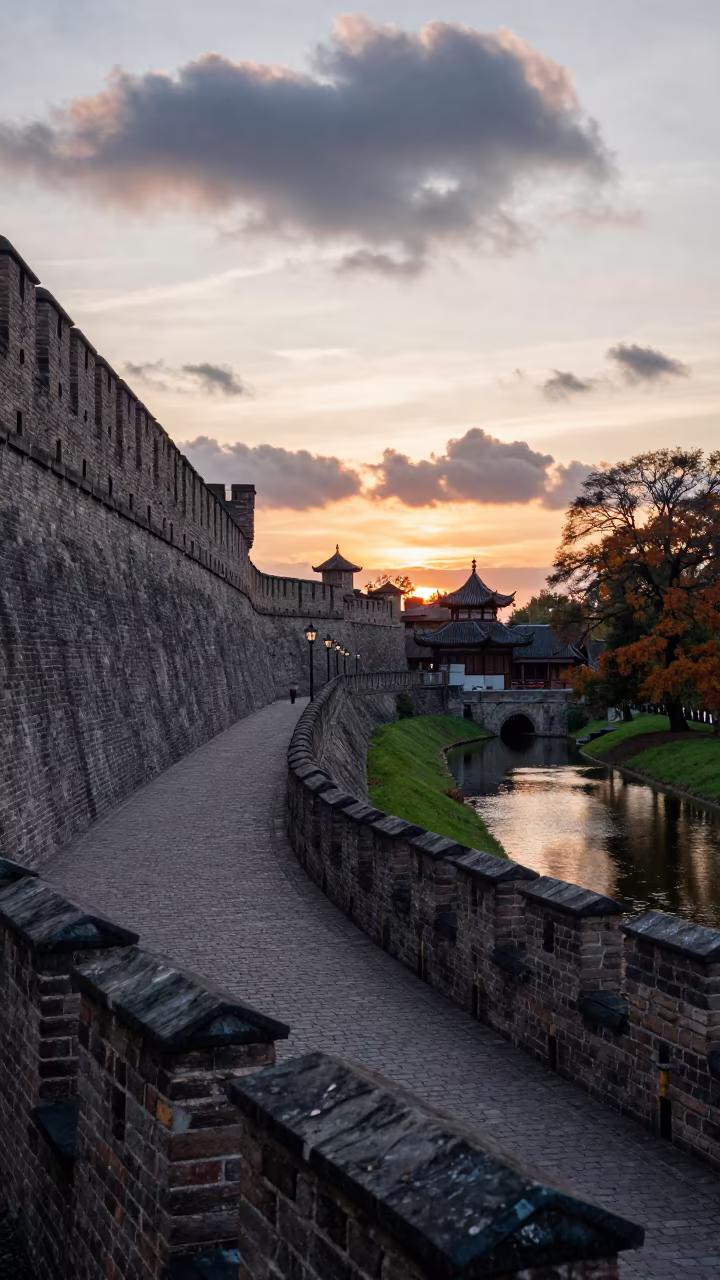 Sunset Castle Wall Walk Moat View in in a lantern-lined temple precinct near Ciudad de la Costa
