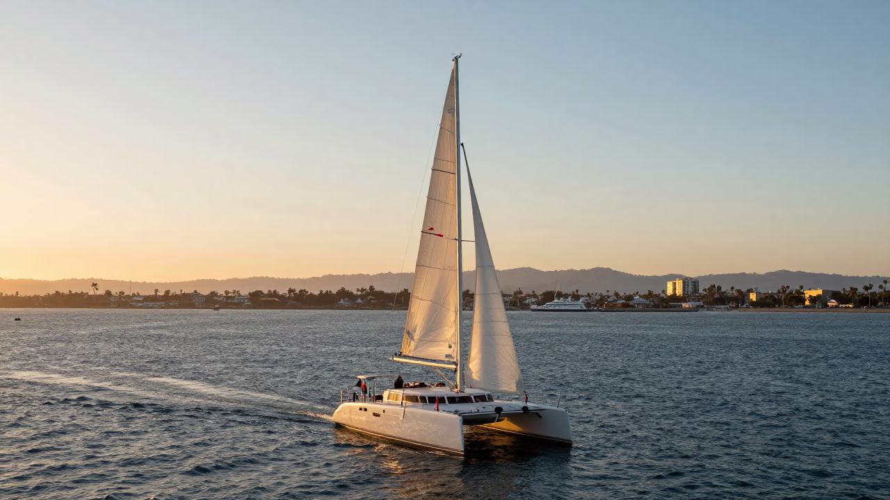 Sunset Catamaran Sailboat Cruise on San Diego Bay with Coastal City Skyline in in San Diego, California, United States