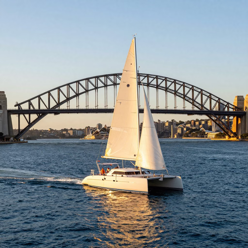 Sunset Catamaran Sailing Past Sydney Harbour Bridge with Modern Yachts in in Sydney, New South Wales, Australia