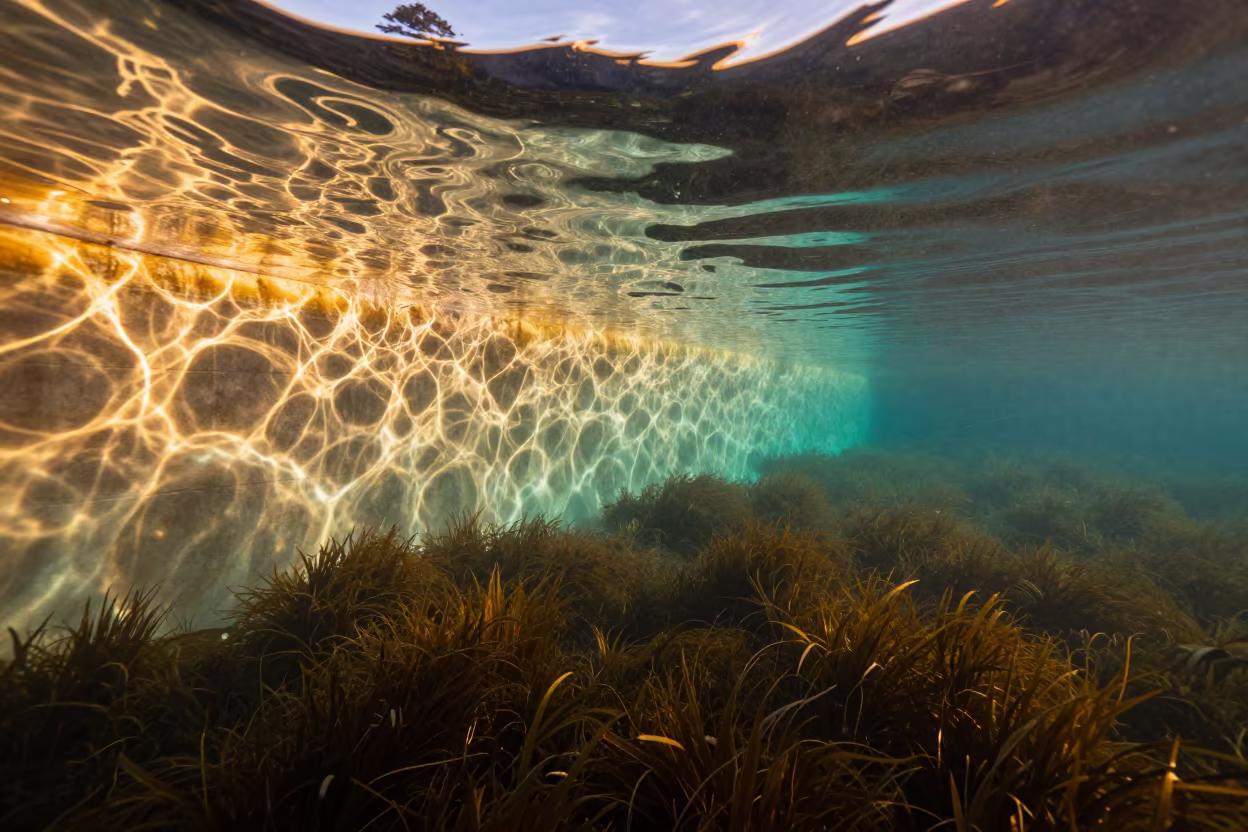 Sunset Caustics on Pool Wall Above Seagrass in above a seagrass meadow in New Zealand