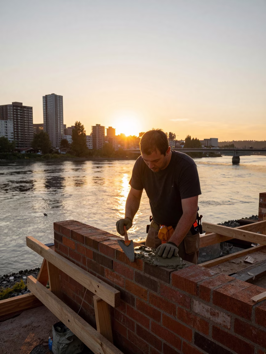 Sunset Construction Scene in Portland Oregon with Mason Tools and String Lights in in Portland, Oregon, United States