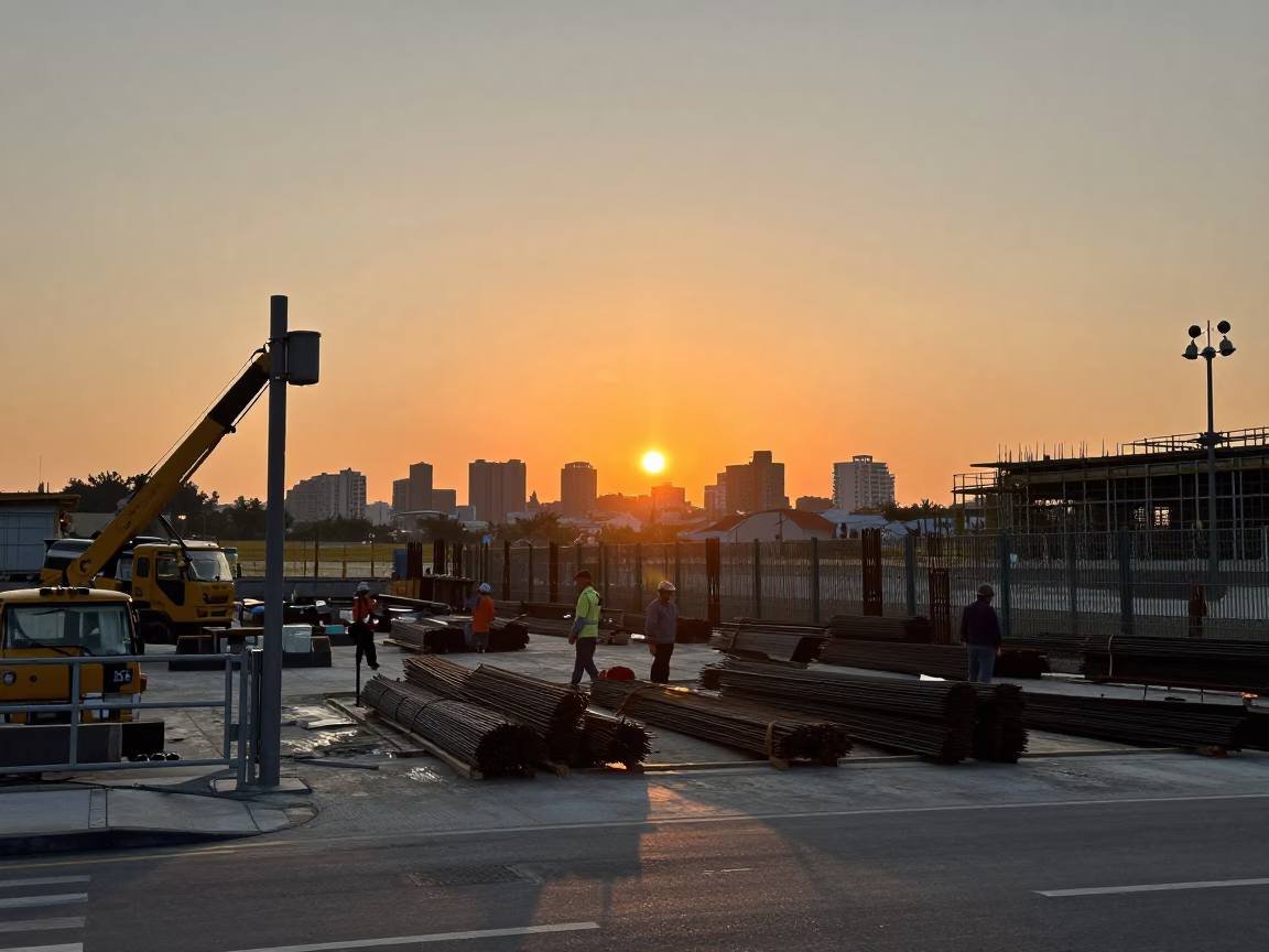 Sunset construction site in Tainan Taiwan with workers and rebar bundles in in Tainan, Taiwan