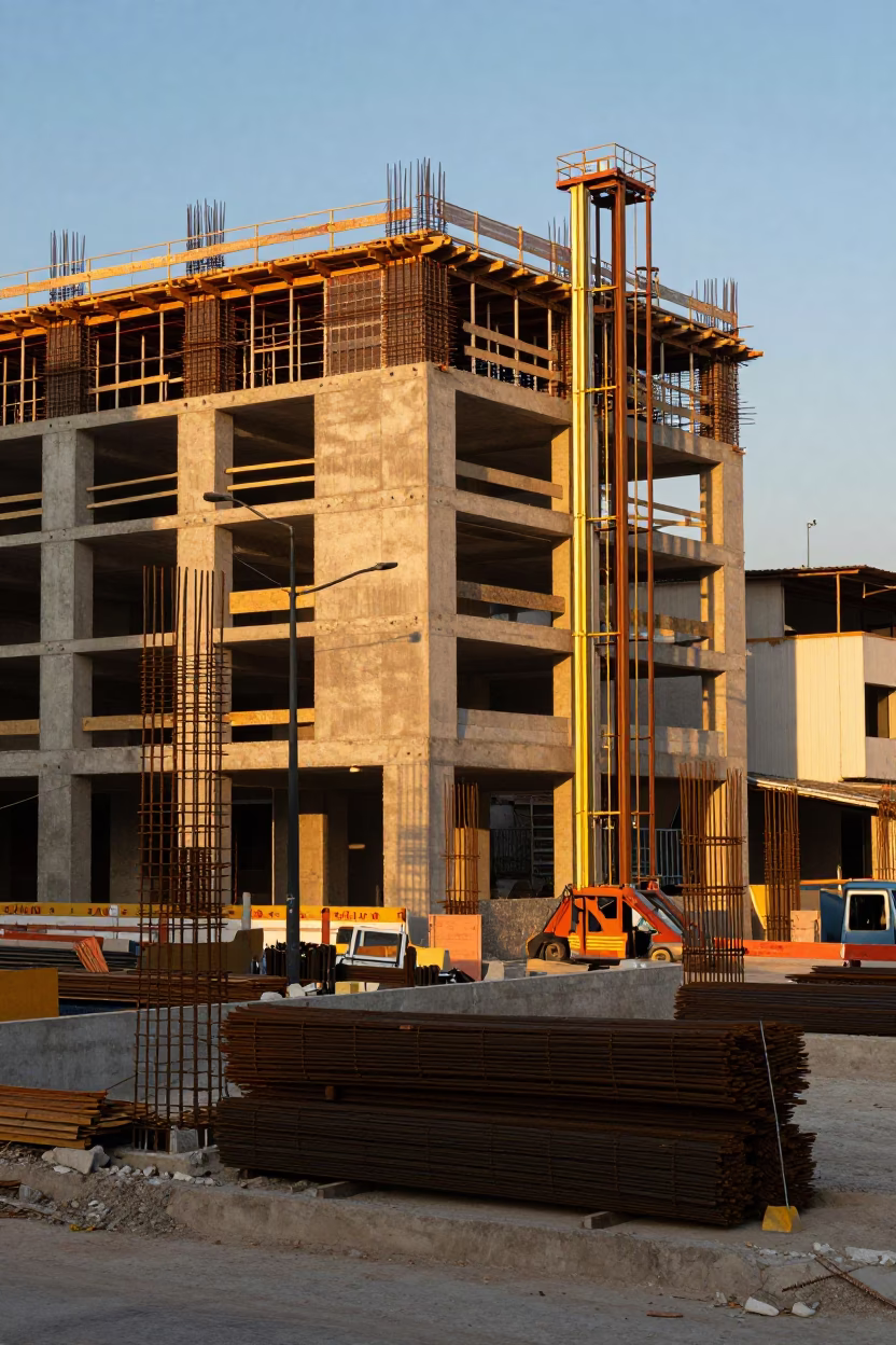 Sunset Construction Site with Rebar and Insulation in Medellin Colombia in in Medellin, Colombia