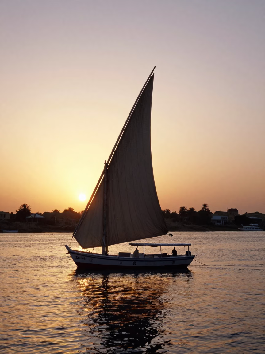 Sunset Dhow Silhouette on Nile River in Luxor Egypt Late Afternoon Light in in Luxor, Egypt