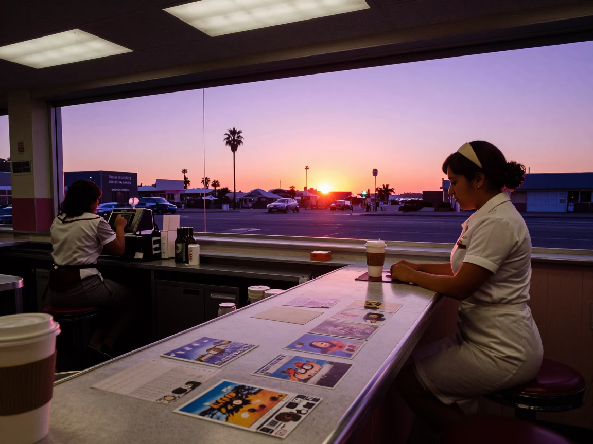Sunset Diner Counter Los Angeles California with Postcards and Coffee in in Los Angeles, California, United States