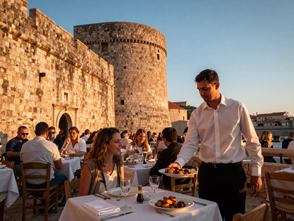 Sunset Dining in Dubrovnik at Sunset Light in in Dubrovnik, Croatia