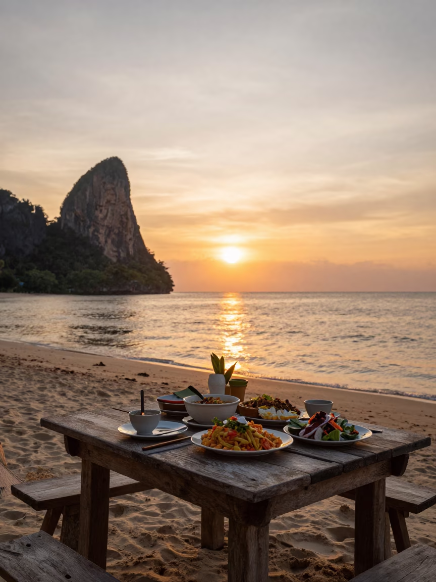 Sunset Dining on Phuket Beach with Local Thai Cuisine and Floral Decor in in Phuket, Thailand