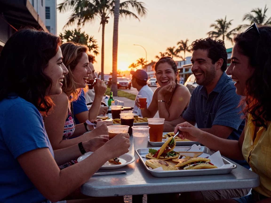 Sunset Dining Scene in Miami Florida with Colombian Arepas and Social Interaction in in Miami, Florida, United States