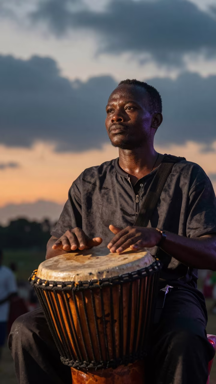 Sunset Djembe Drummer Ranchi Ceremony Close-Up in on a festival main stage in Ranchi
