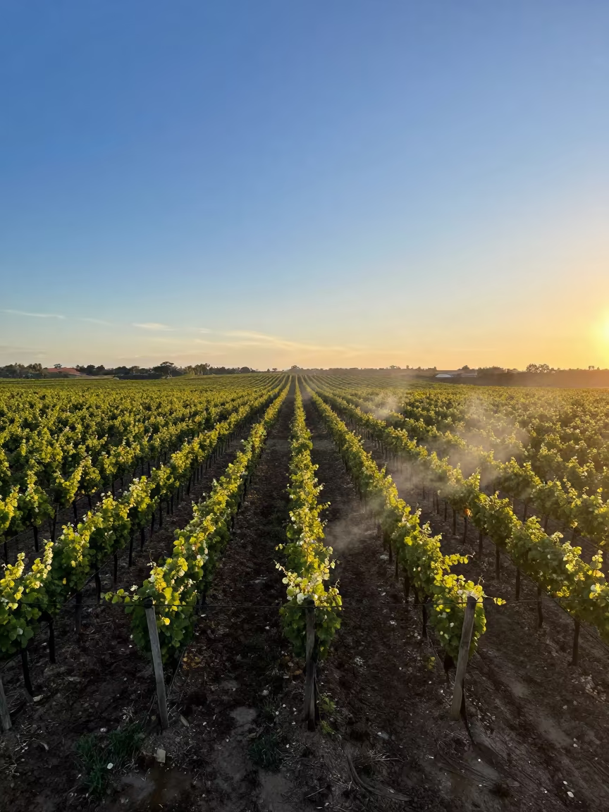 Sunset Drone View of Rainy Season Vineyard Bloom in between vineyard trellises in Toluca de Lerdo