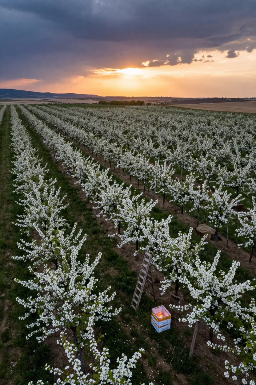 Sunset Drone View of Orchid Bloom in North Macedonia Orchard in among orchard ladders and crates in North Macedonia