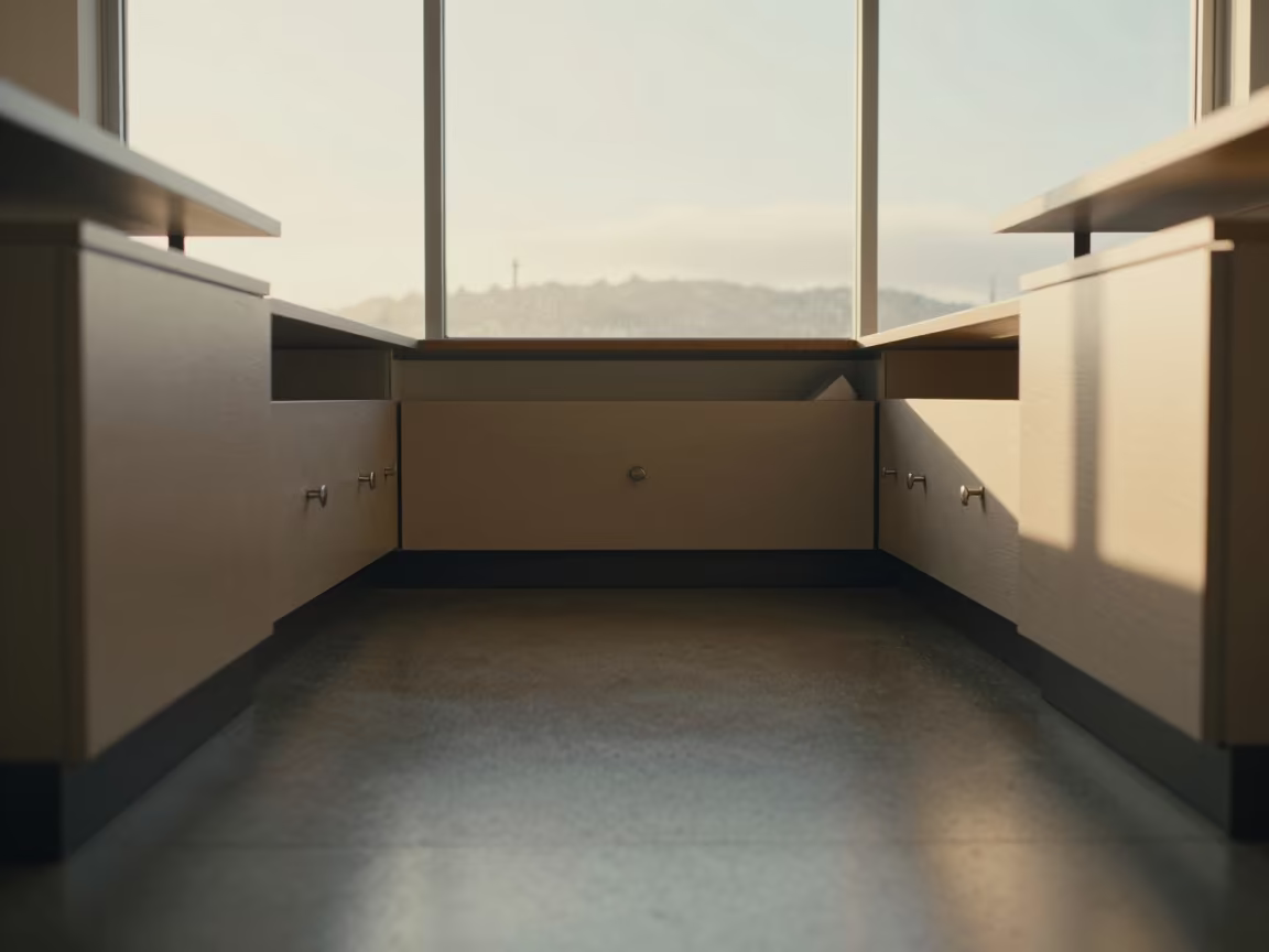 Sunset Dust on Office Drawer Tray in inside an open-plan office bay in North Beach, San Francisco