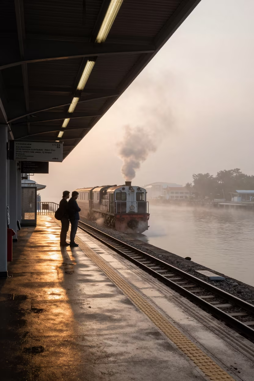 Sunset Embrace at Foggy Singapore Train Platform in beside a fogbound harbor mouth in Singapore