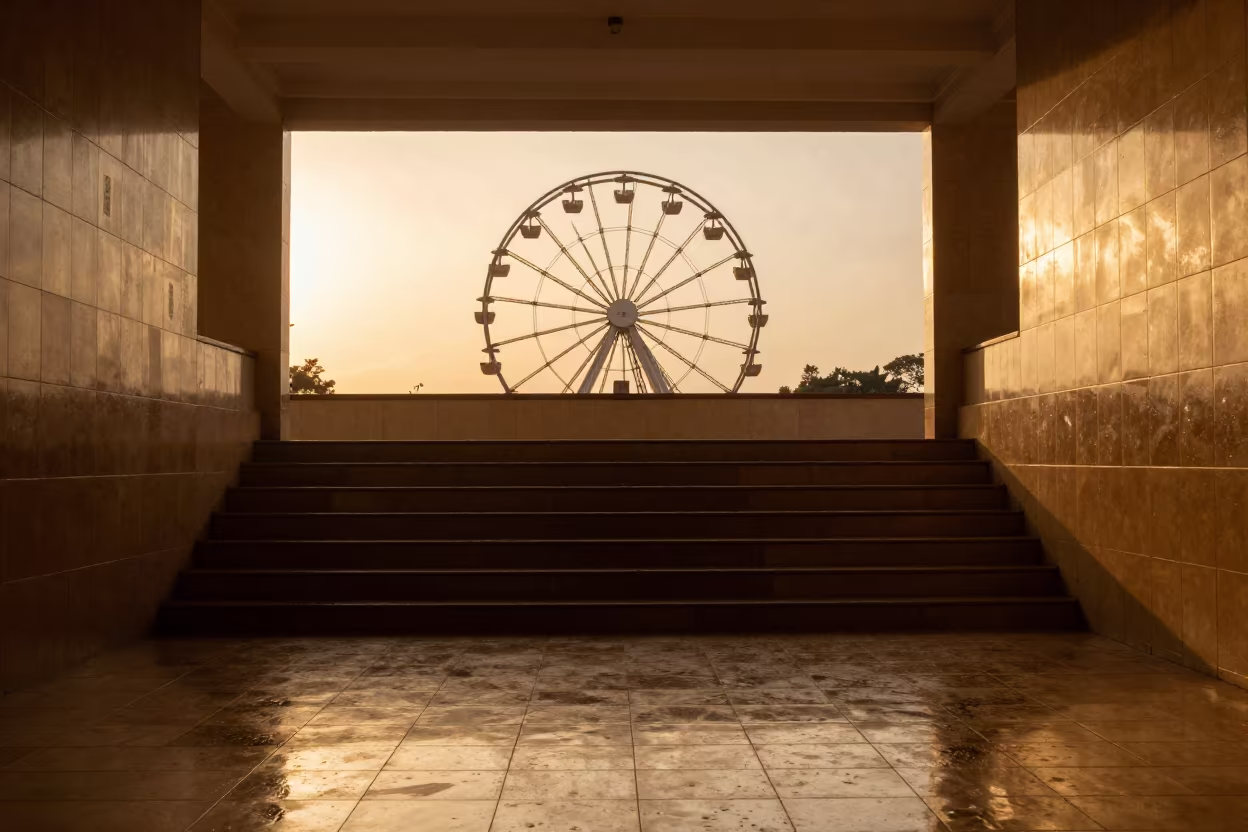 Sunset Ferris Wheel Double Exposure Tiled Hall in inside a tiled stair hall in Kigali