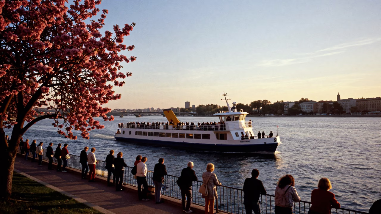 Sunset Ferry Crossing Marseille with Dogwood Tree and Blue Porcelain Bowl in in Marseille, France