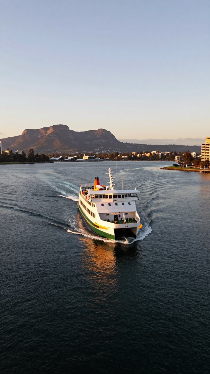 Sunset Ferry Departure from Perth Waterfront with Mountain Backdrop and Urban Skyline in in Perth, Western Australia, Australia