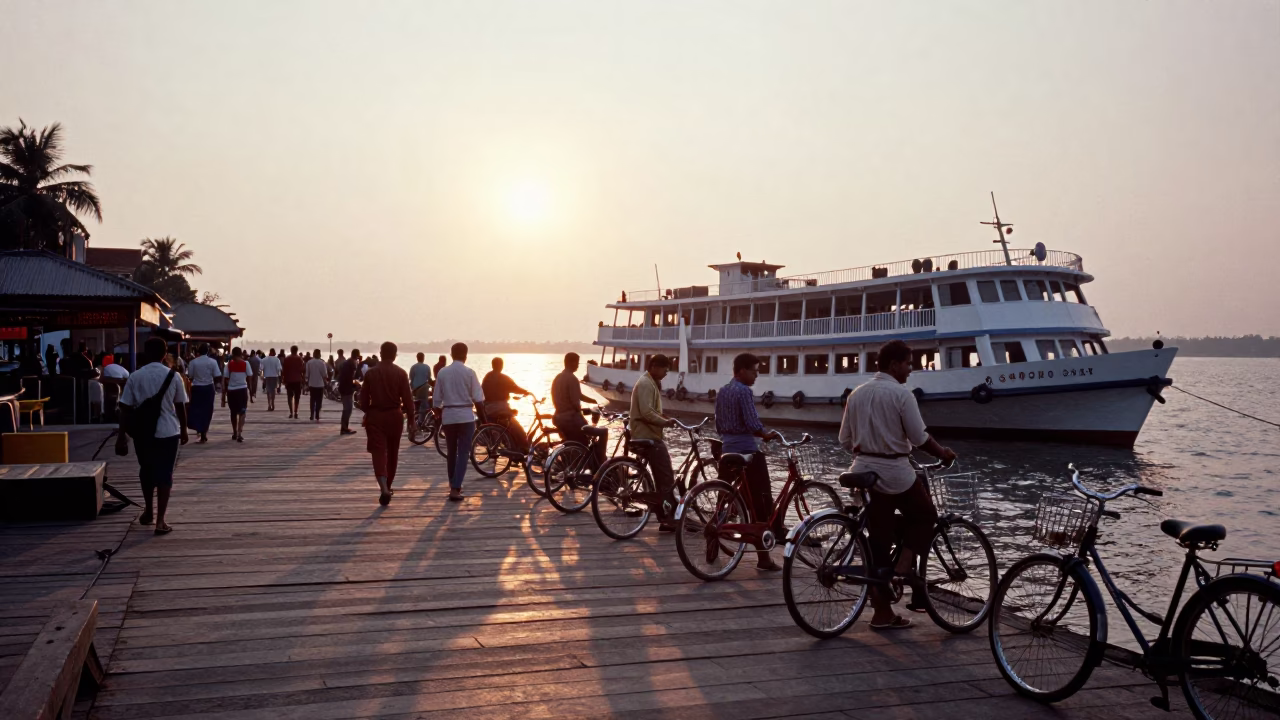 Sunset Ferry Dock in Kochi India with Bicycles and Passengers Loading in in Kochi, India