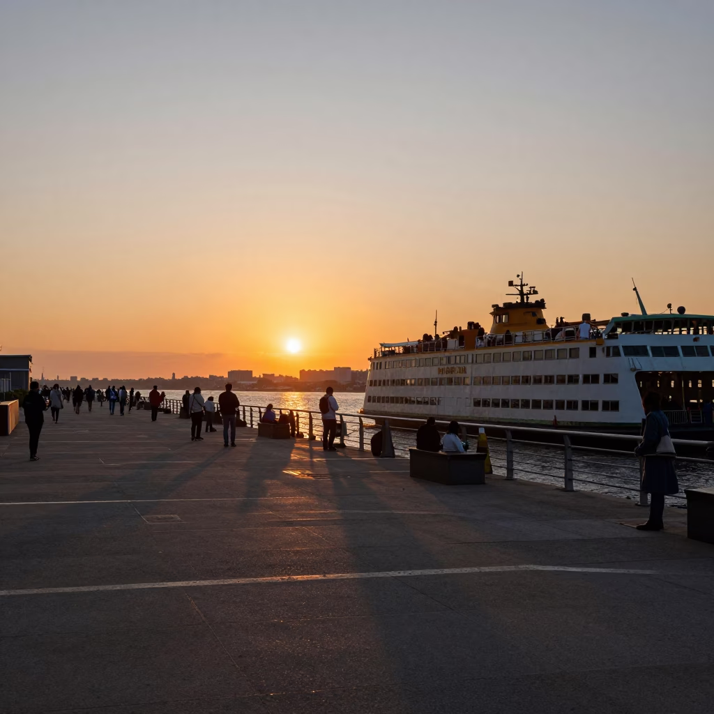 Sunset Ferry Dock Scene in New York City with Passengers and Bicycles in in New York, New York, United States
