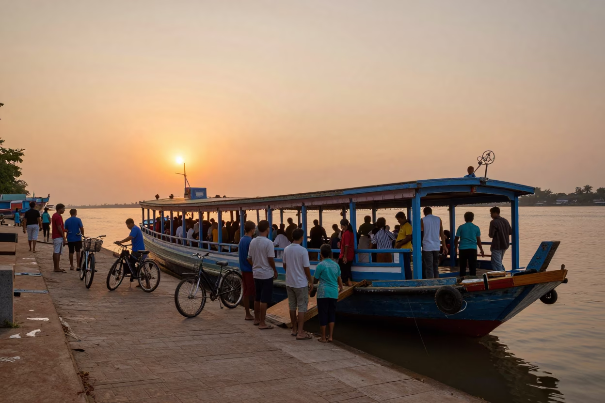 Sunset Ferry Loading Passengers and Bicycles at Phnom Penh Dock with Rusty Wall Details in in Phnom Penh, Cambodia