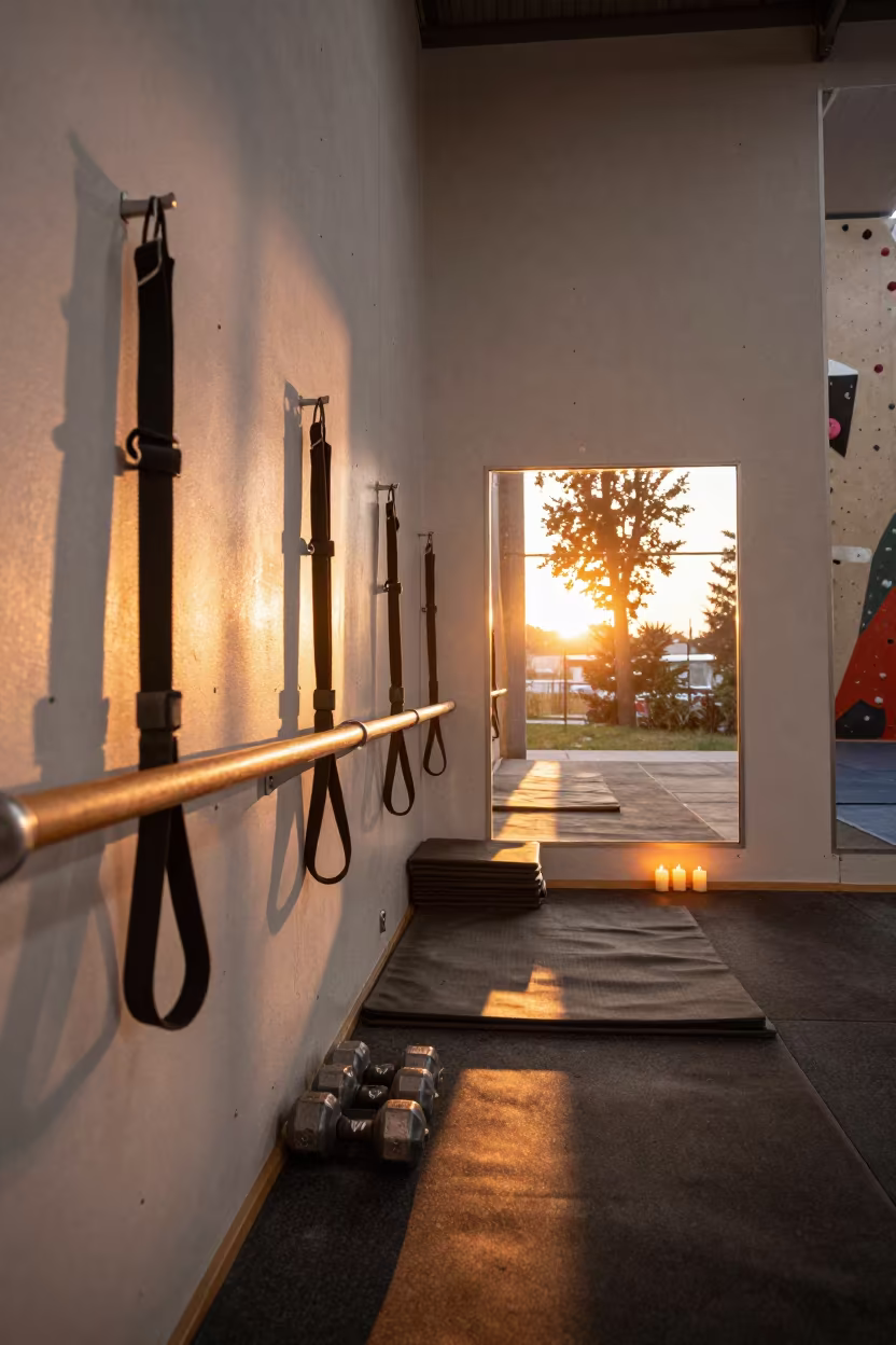 Sunset Fitness Corner with Bands and Weights in inside a climbing gym warmup zone in Larissa