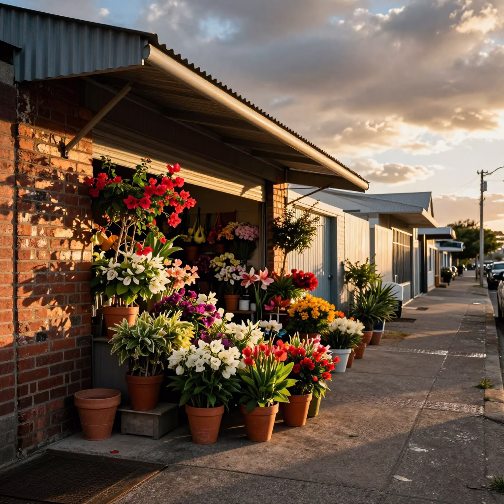 Sunlit Flower Shop Sidewalk Cape Town Green Point in inside a skylit passageway near Green Point, Cape Town