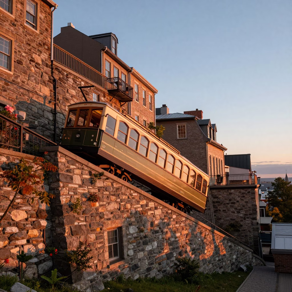 Sunset Funicular Ascent Along Cliffside in Historic Quebec City Canada in in Quebec City, Quebec, Canada