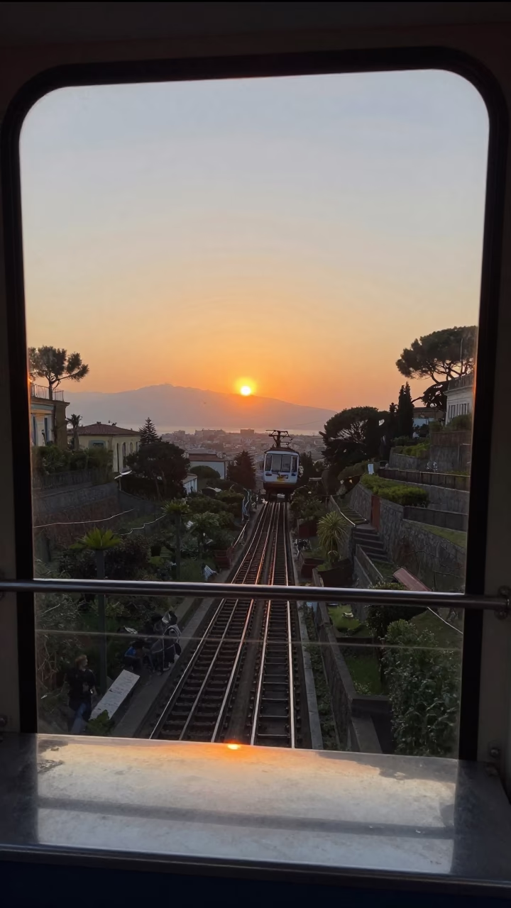 Sunset Funicular Ride Through Terraced Naples with Smudged Glass and Local Life in in Naples, Italy