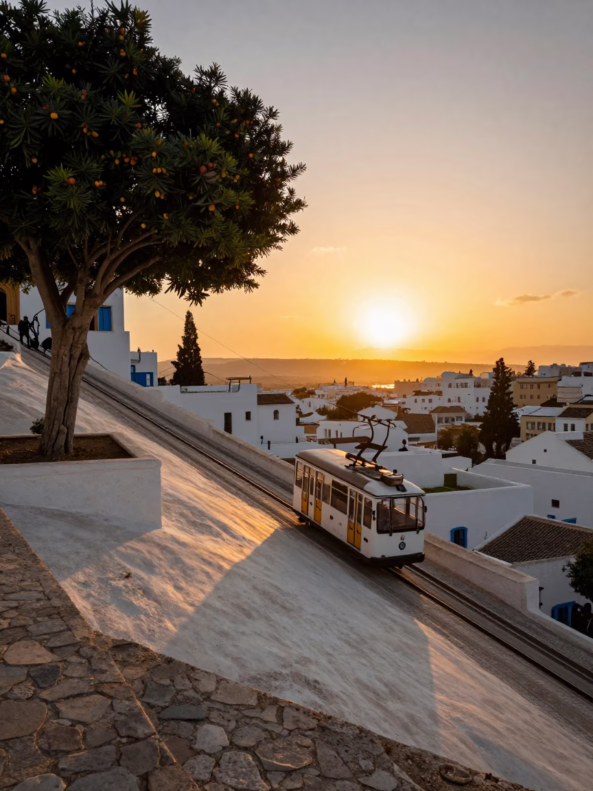 Sunset Funicular Ride Through Tunis Medina with Fig Tree and Bookend Detail in in Tunis, Tunisia