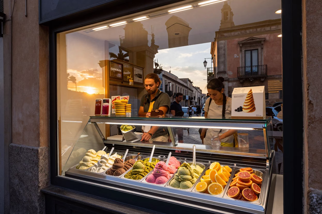 Sunset Gelato Display in Palermo Italy Shop Window with Tourists and Street Life in in Palermo, Italy
