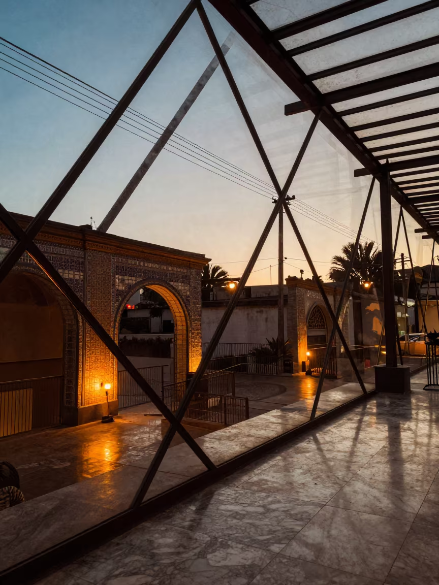 Sunset Geometric Power Lines Glass Arcade in inside a glass-roofed arcade in Tijuana