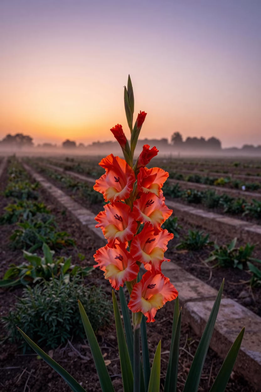 Sunset Gladiolus Spike in Tiaret Garden Fog in among terraced garden plots near Tiaret