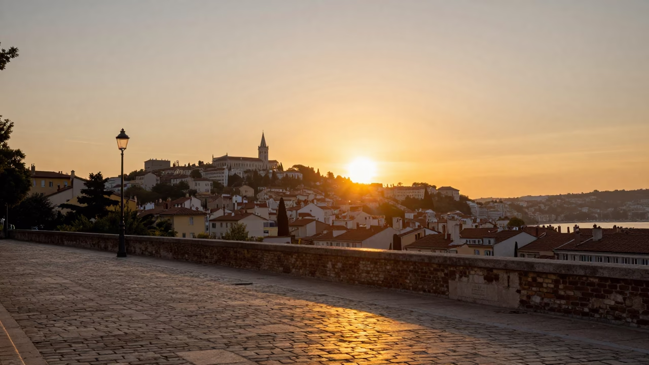 Sunset Glow at As The Sun Drops Toward The Horizon in Lyon in in Lyon, France