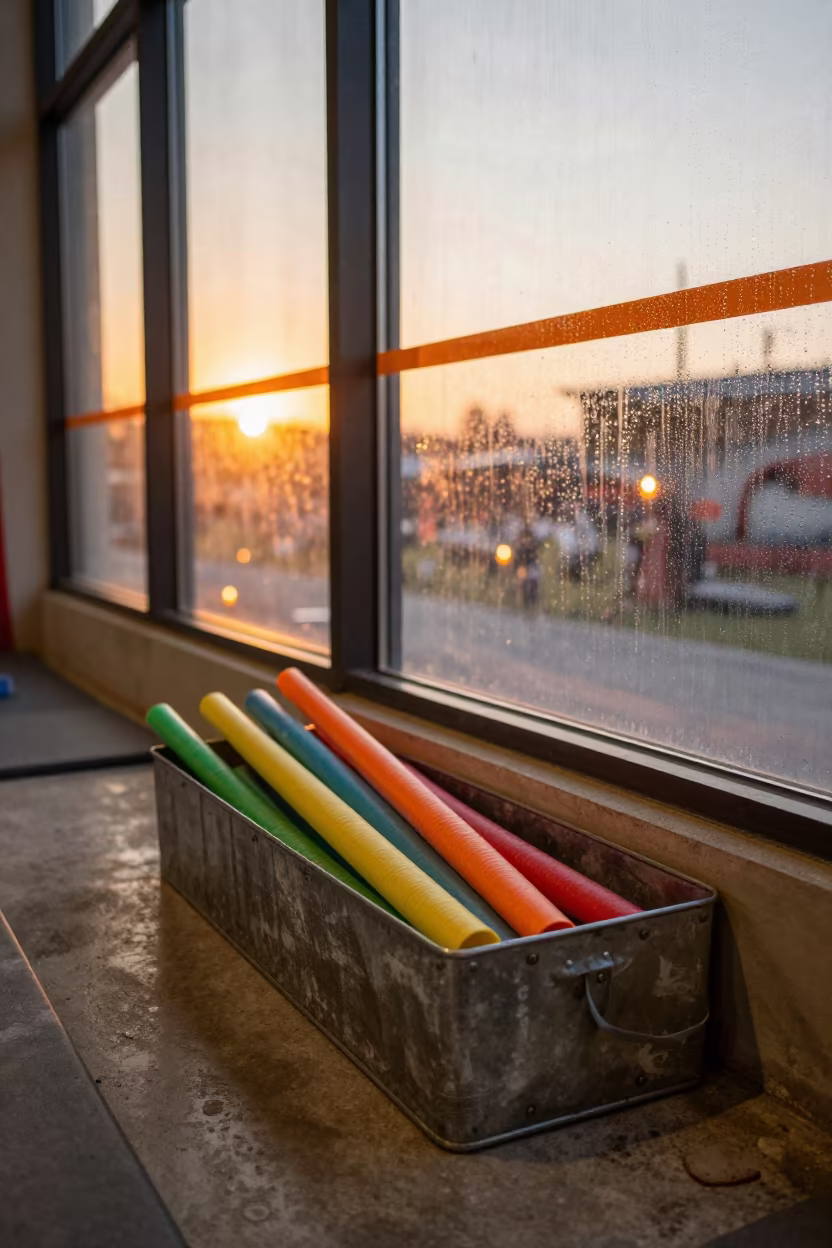 Sunset Glow on Climbing Gym Pool Noodle Bin in inside a climbing gym warmup zone in Nice
