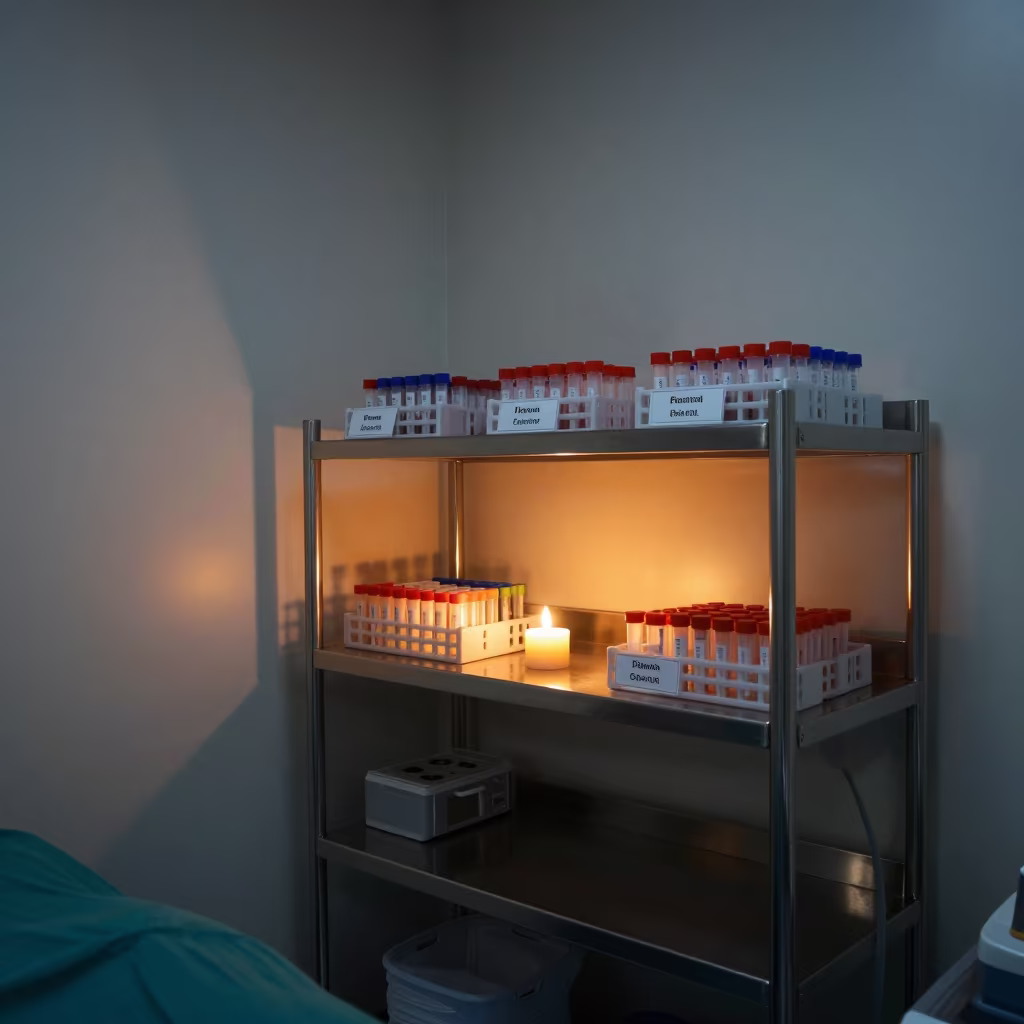 Sunset Glow on Clinic Specimen Tubes at Brasilia Prep in in a surgical prep area in Brasilia